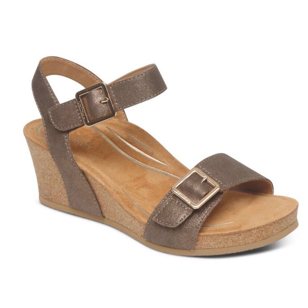 Aetrex Lexa Metallic Bronze Comfort Orthotic Wedge Sandals NWOB Size 9.5 EU 41